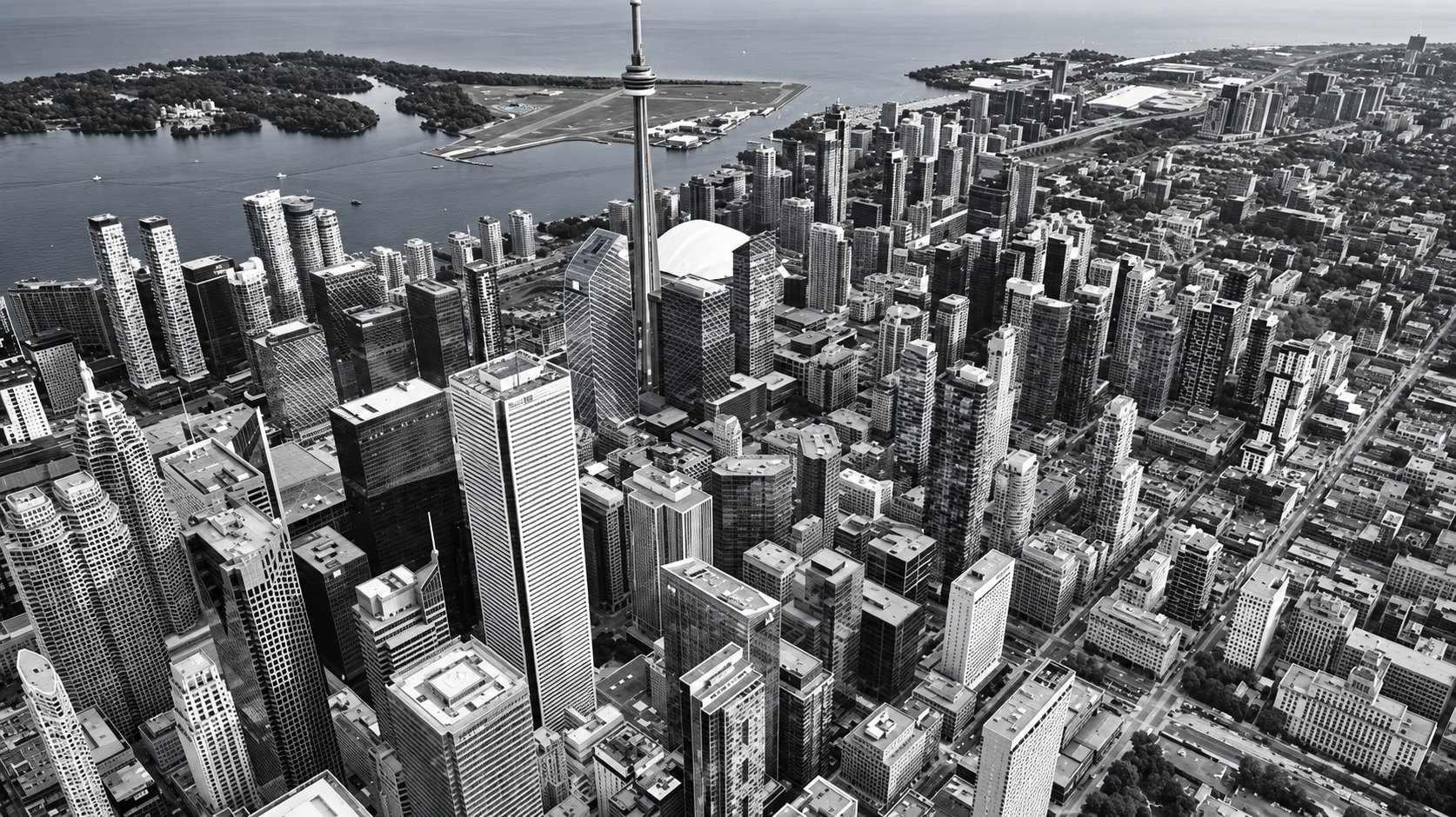Black and white aerial view of the Toronto skyline — 34media, a Toronto media agency